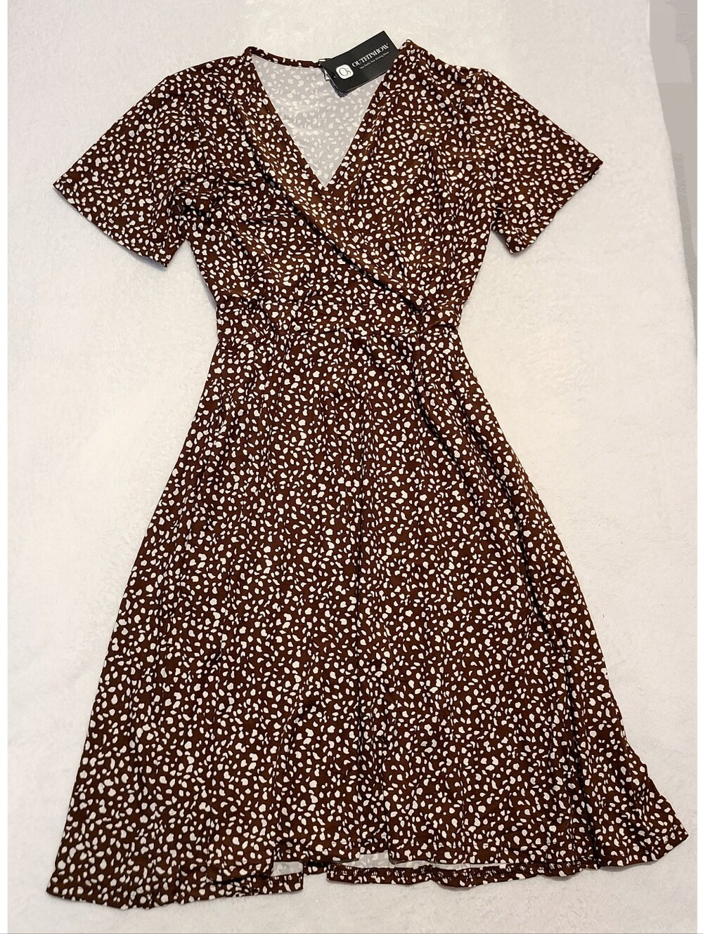 Brown Short-Sleeve Wrap Midi Dress with White Spot Print
